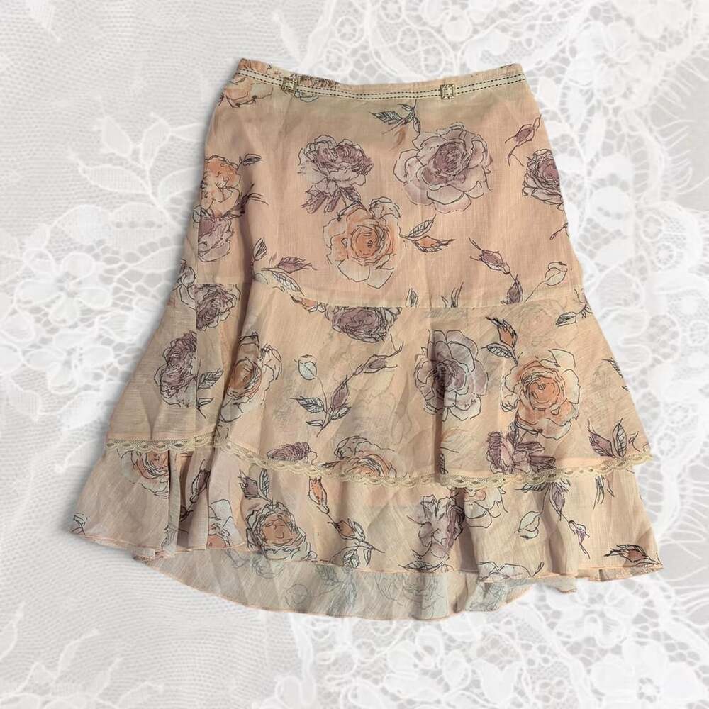 M&F Vintage Rose Print Tiered Midi Skirt